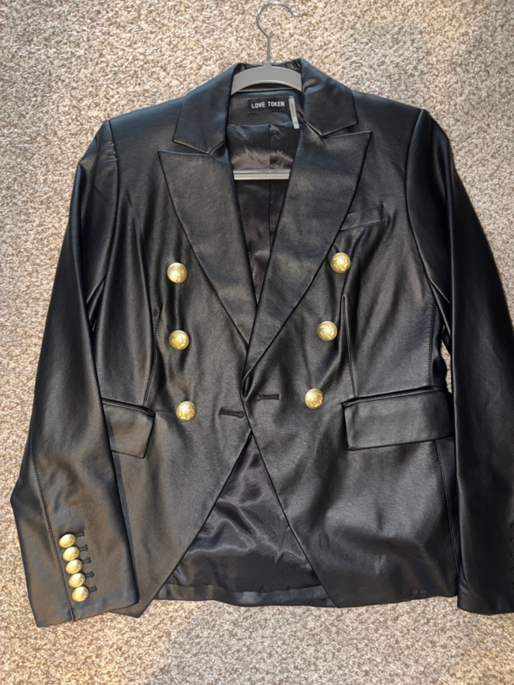 Love Token Black Faux Leather Double-Breasted Pea Coat with Gold Buttons